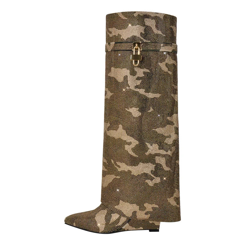 Rhinestone Knee High Wedge Boots
