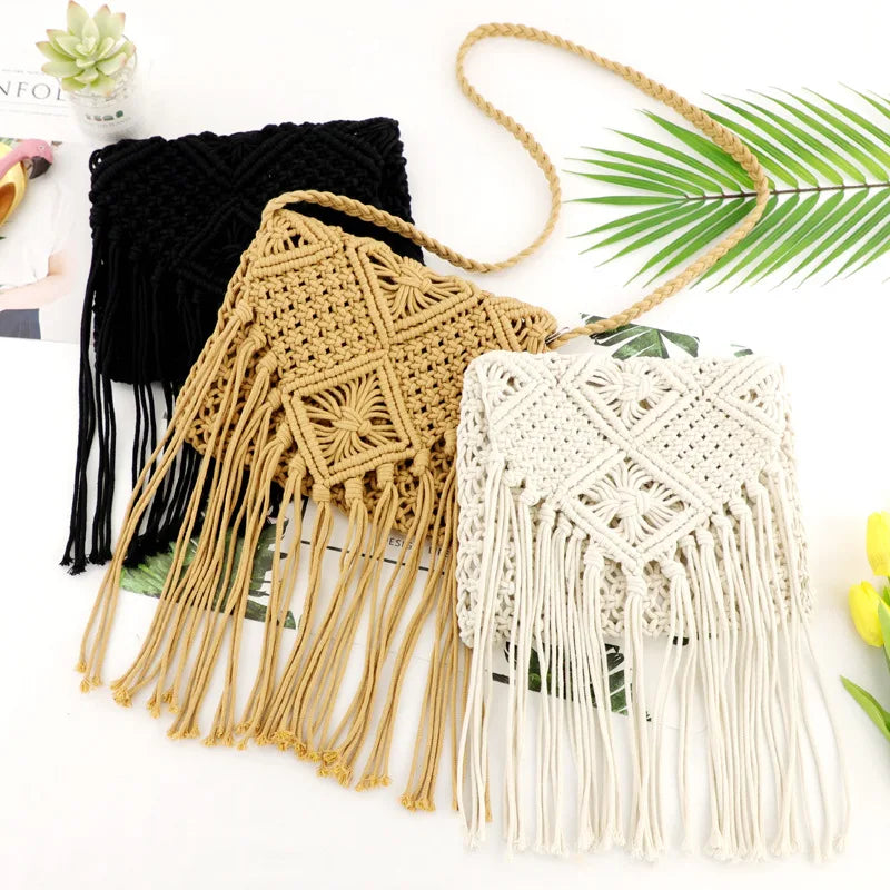 Fringed Woven Crochet Crossbody Bag - Festigal