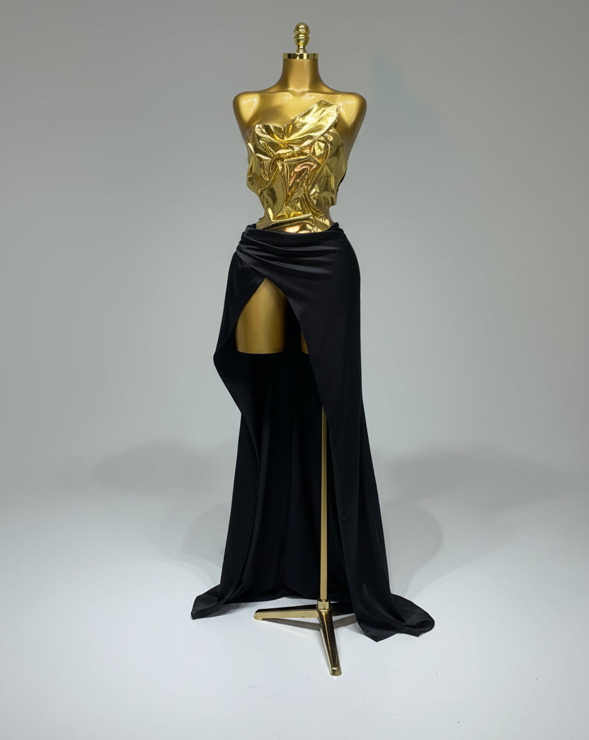 Liquid Gold & Black Satin Maxi Dress