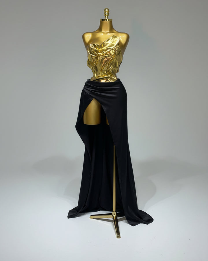 Liquid Gold & Black Satin Maxi Dress