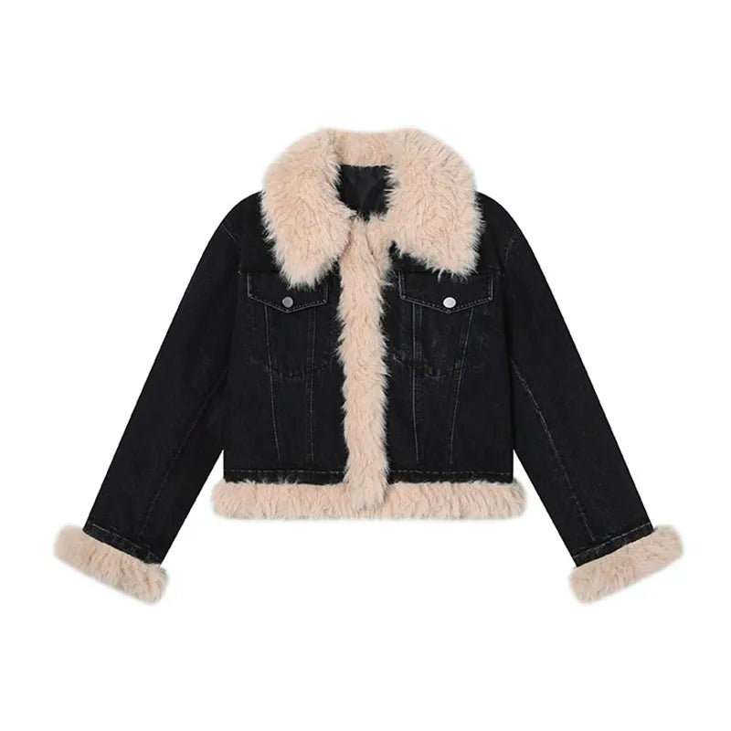 Black Denim Fur Trim Jacket - Festigal