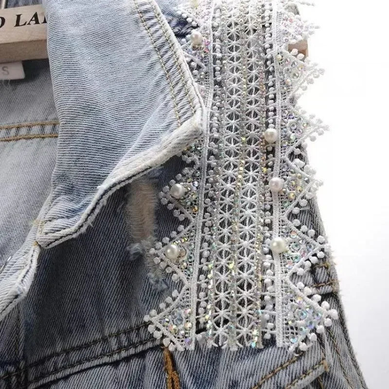 Embroidered Pearly Beaded Denim Vest - Festigal