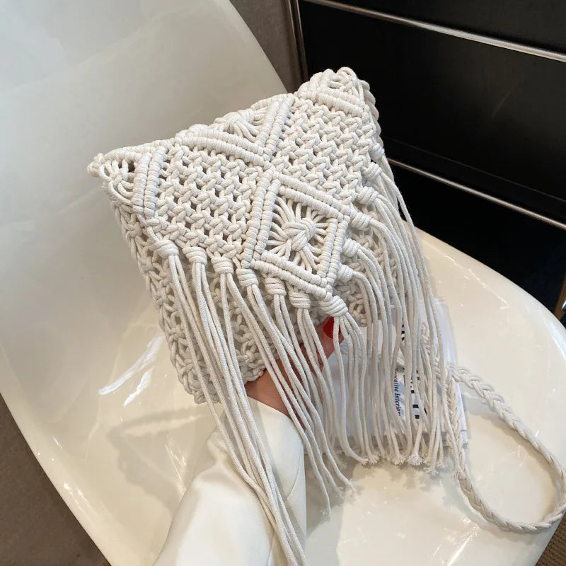 Fringed Woven Crochet Crossbody Bag - Festigal