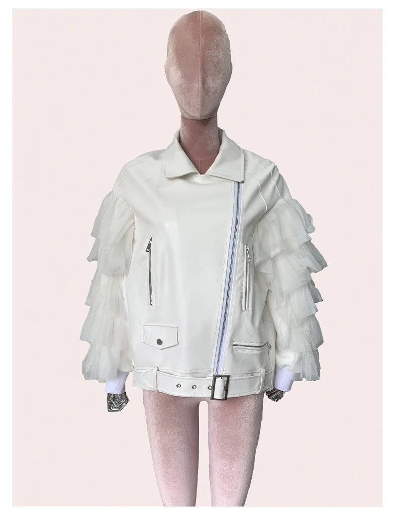 Faux Leather Ruffle Sleeve Jacket - Festigal