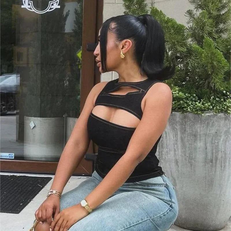 Denim Cut-Out Tank Top - Festigal