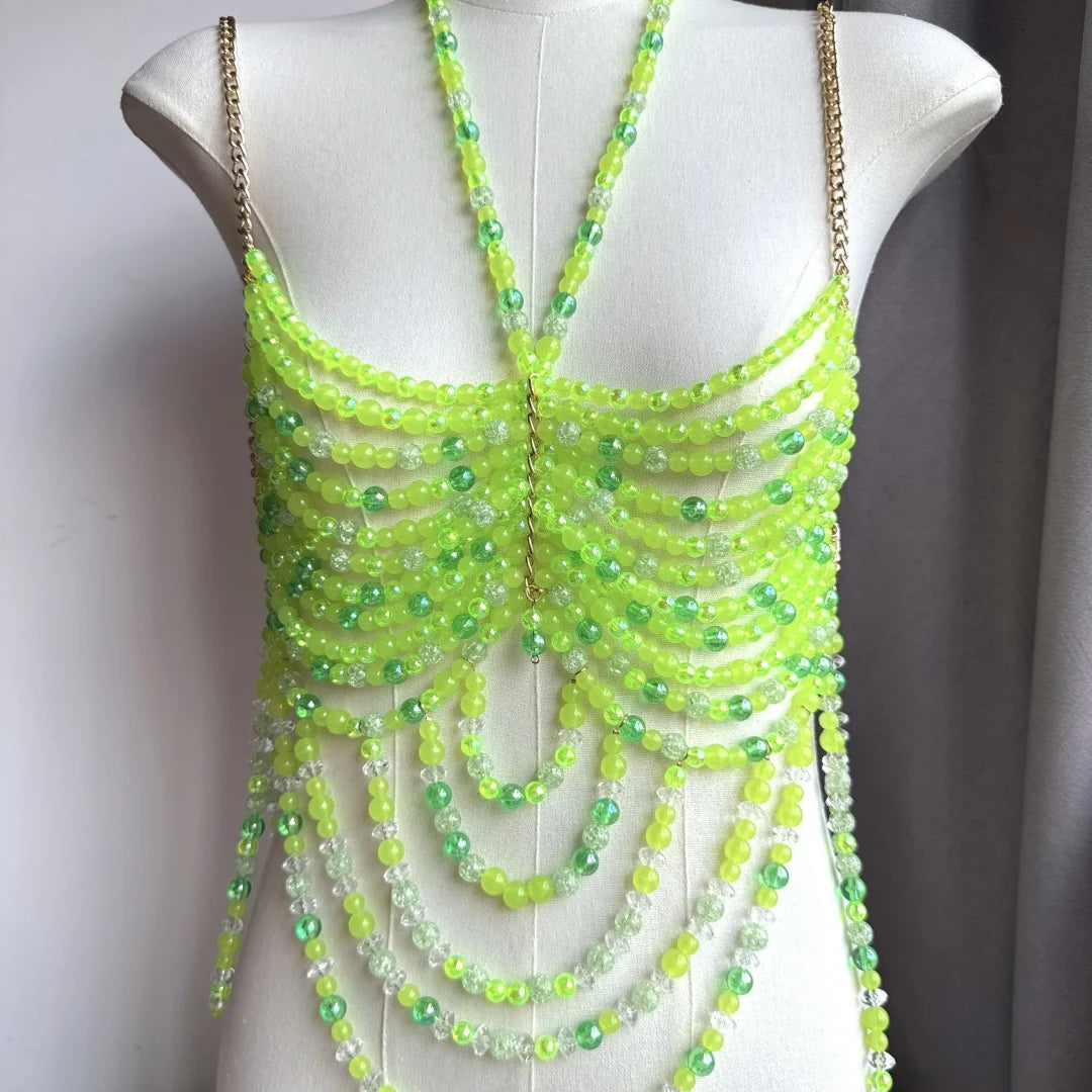 Beaded Tassel Chain Halter Neck Top