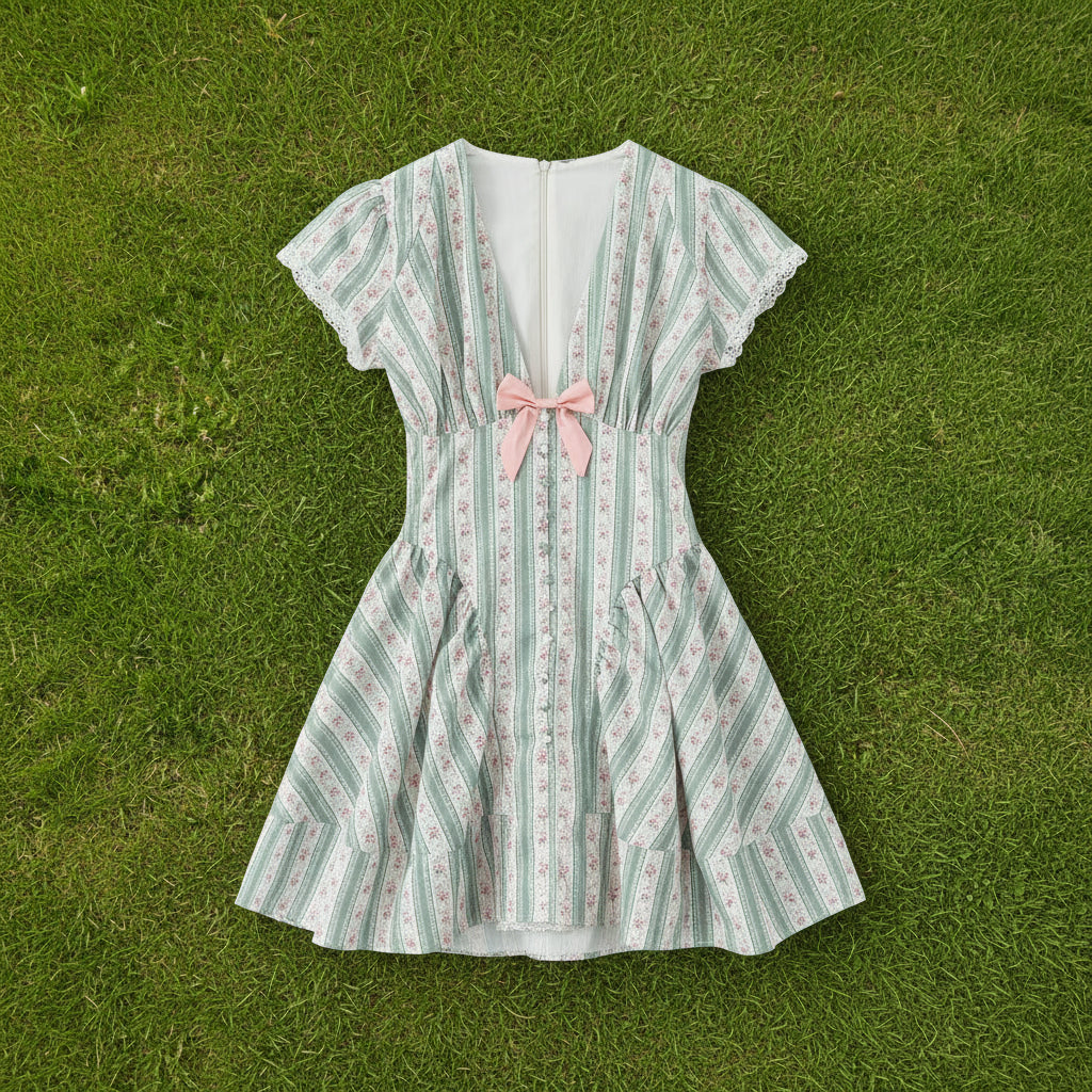 Floral Striped Bow Skater Dress