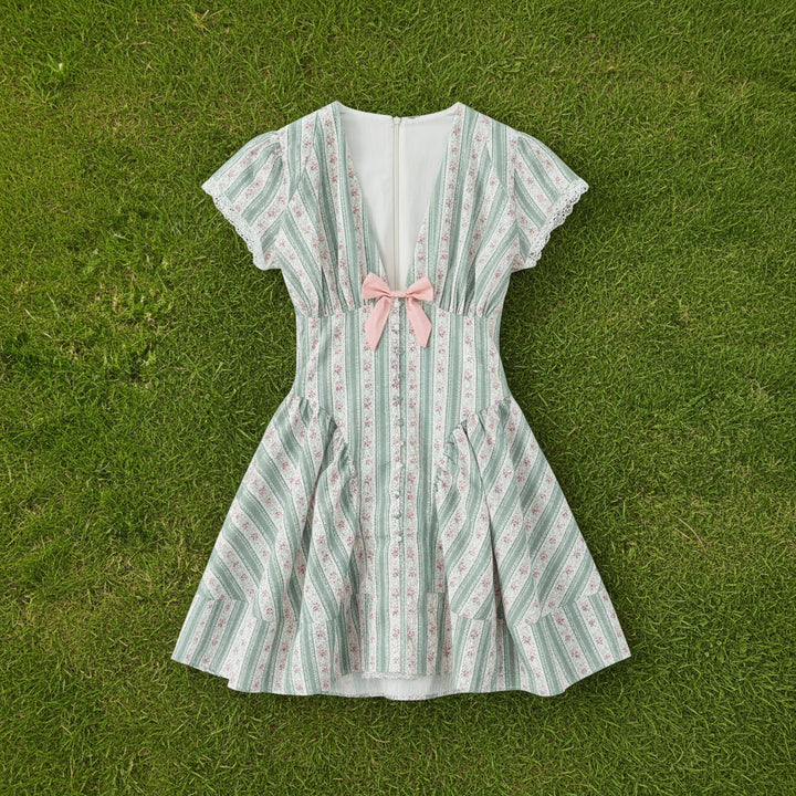 Floral Striped Bow Skater Dress