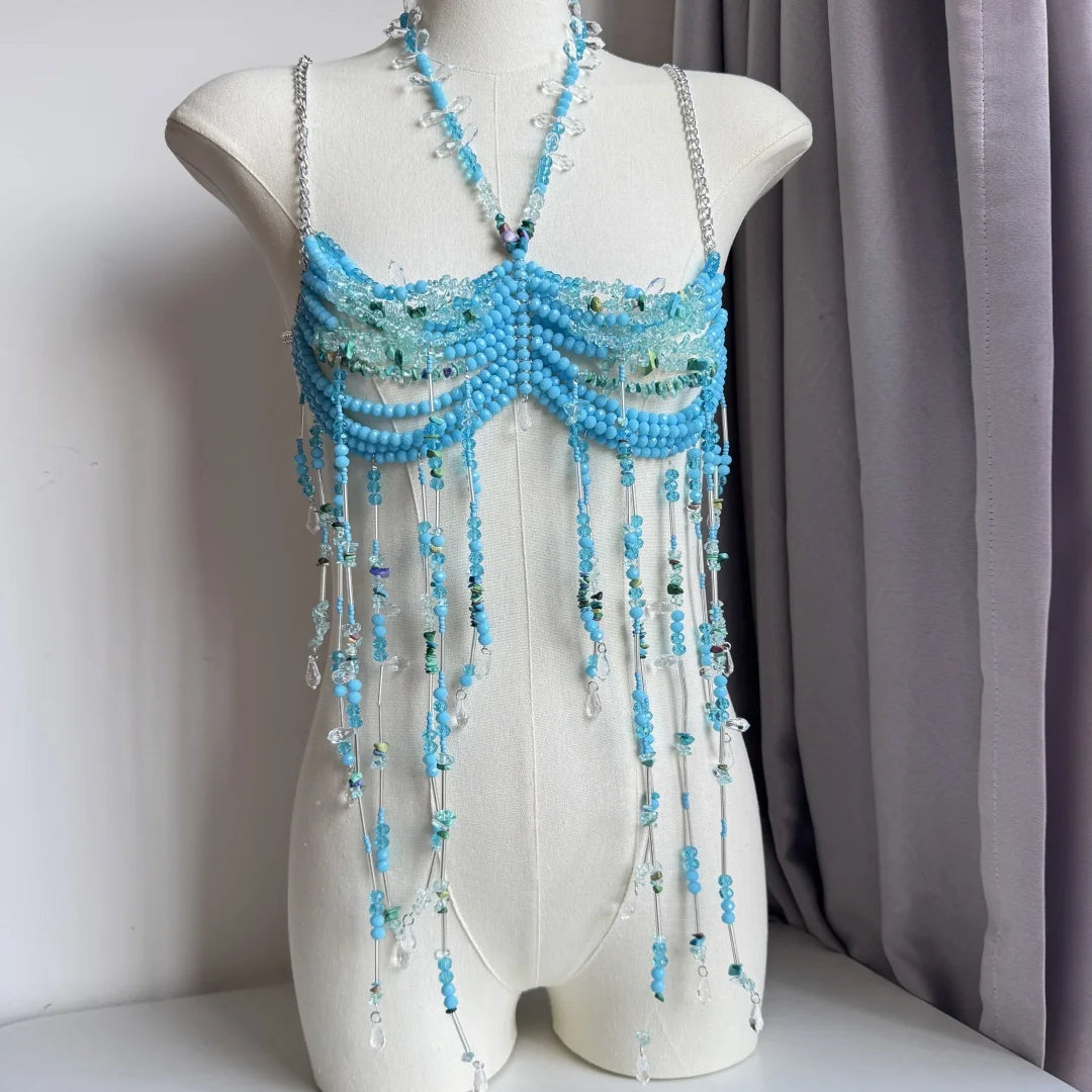 Beaded Tassel Chain Halter Neck Top
