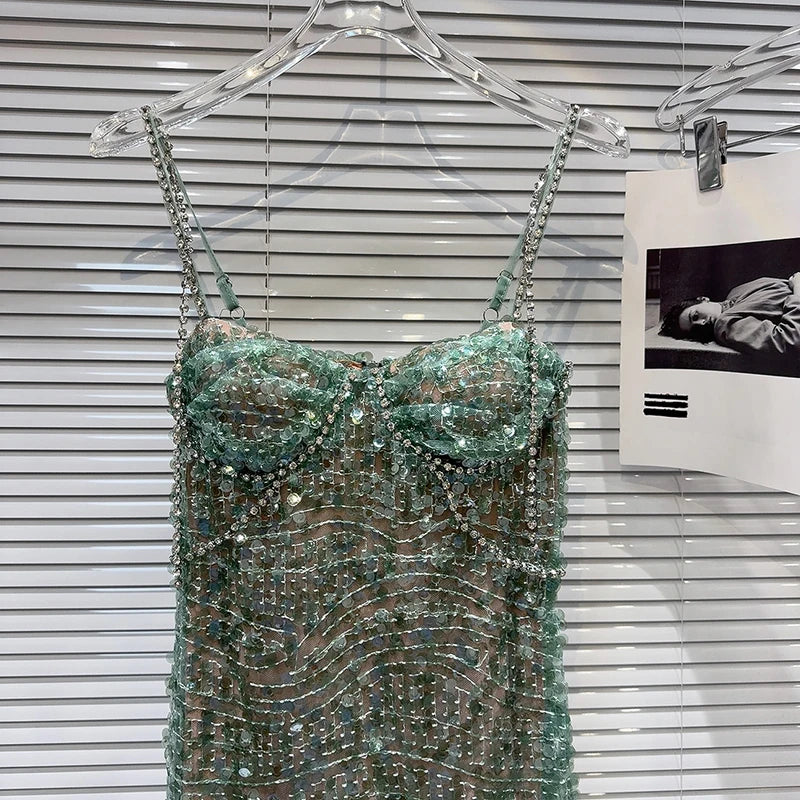 Embellished Green Bustier Dress - Festigal
