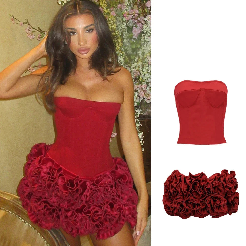 Red Corset & Mini Ruffle Skirt Two Piece Set - Festigal