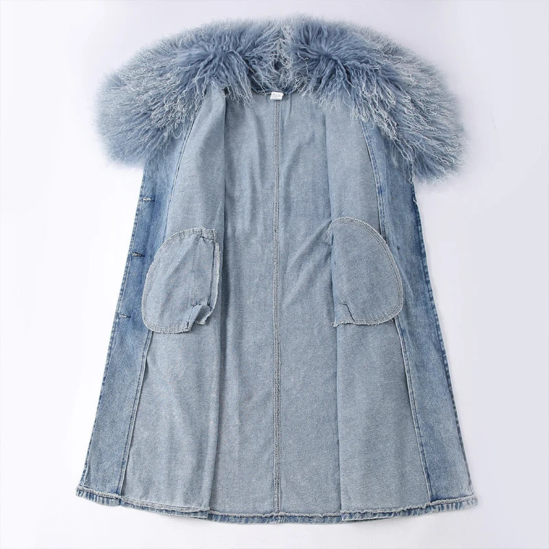 Mongolian Fur Collar Denim Trench Coat - Festigal