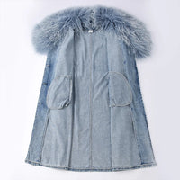 Mongolian Fur Collar Denim Trench Coat