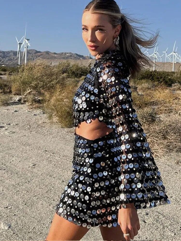 Sequin Cut Out Bell Sleeve Dress - Festigal