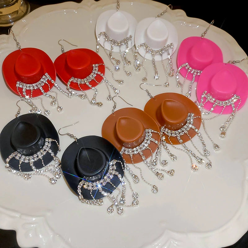 Rhinestone Cowgirl Hat Tassel Earrings