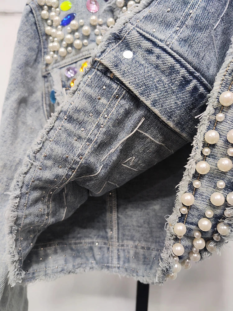 Pearl Gem Embellished Denim Jacket