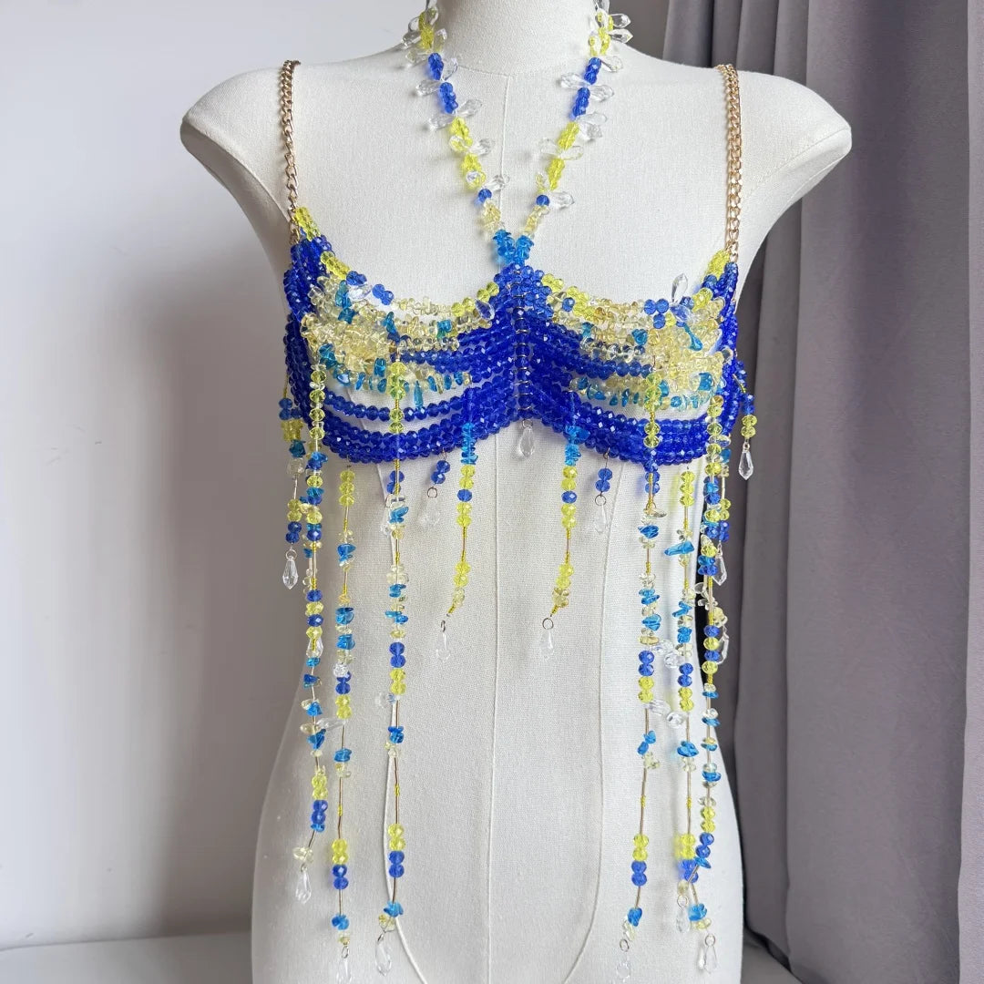 Beaded Tassel Chain Halter Neck Top