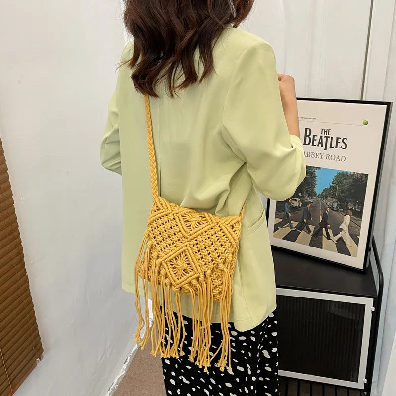 Fringed Woven Crochet Crossbody Bag