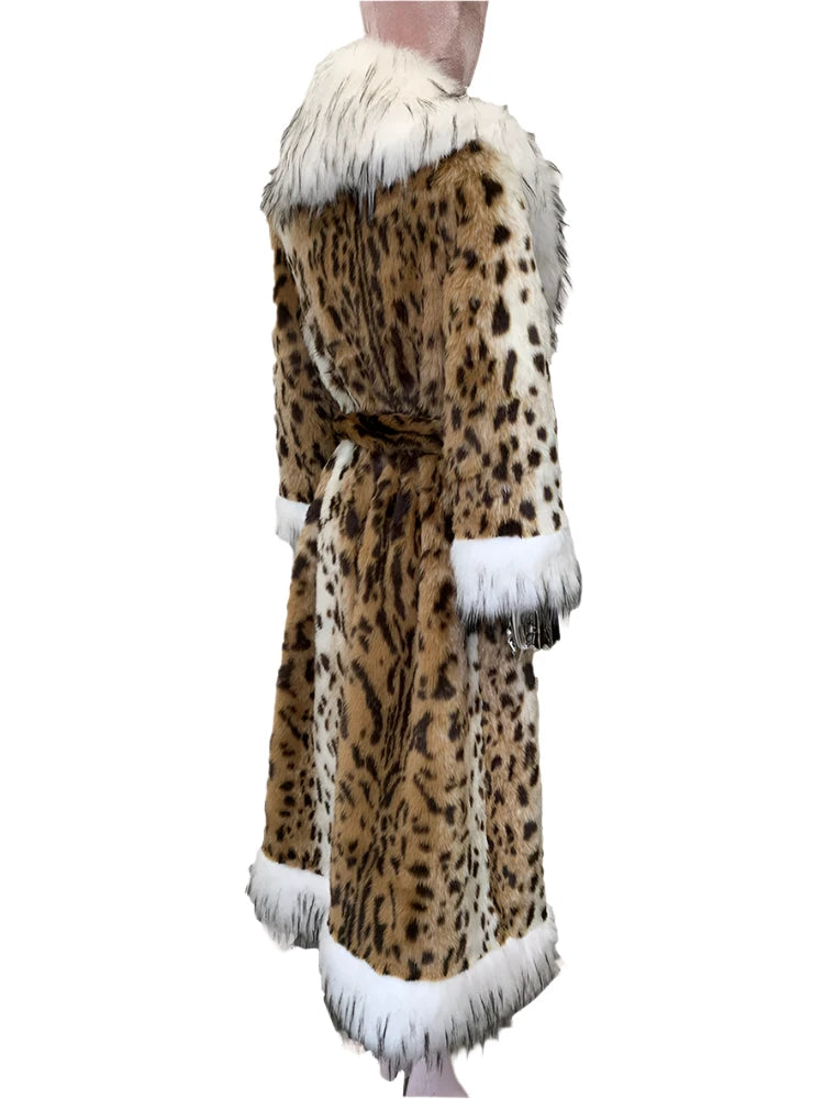 Long Faux Fur Leopard Print Coat - Festigal
