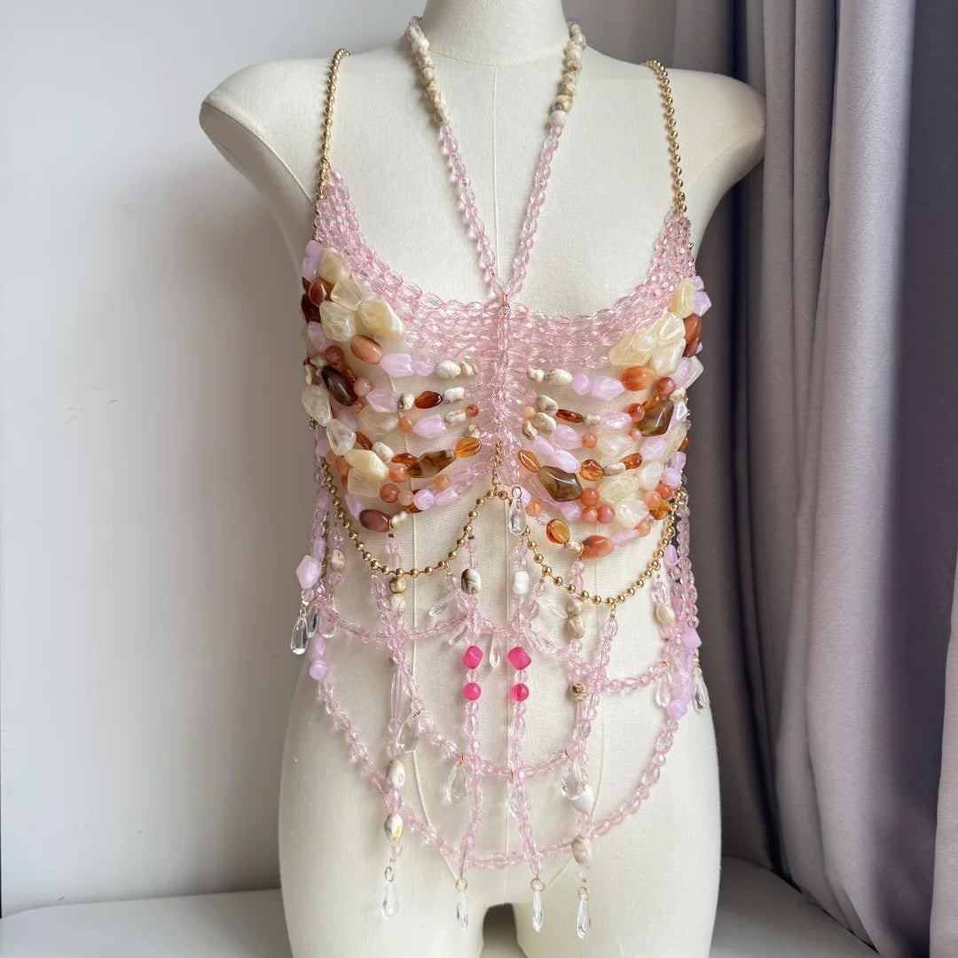 Beaded Tassel Chain Halter Neck Top