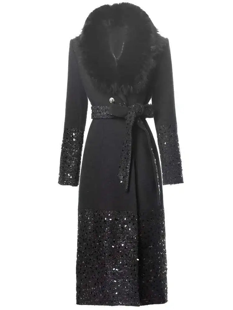Long Sequin Fur Black Coat - Festigal