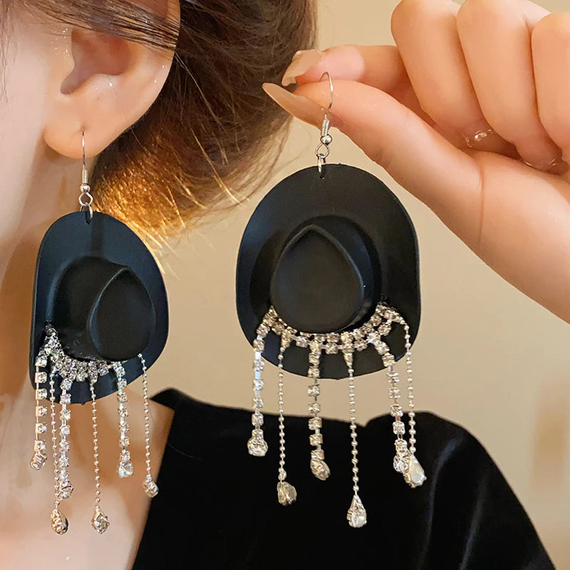Rhinestone Cowgirl Hat Tassel Earrings