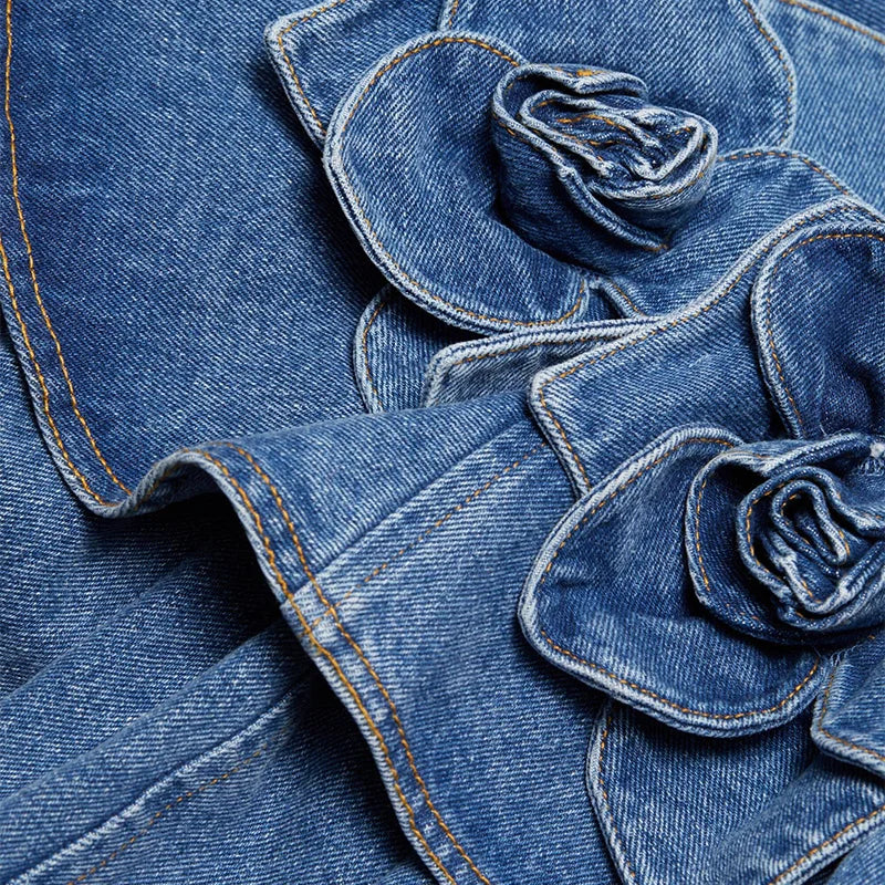 Denim 3D Flower A Line Dress - Festigal