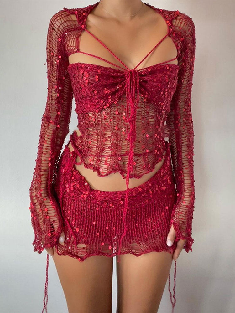 Distressed Knitted Sequin Three Piece Set - Festigal