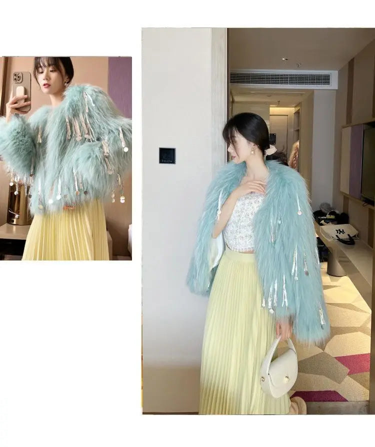 Women's Faux Fur Blue Sequin Tassel Jacket - Festigal