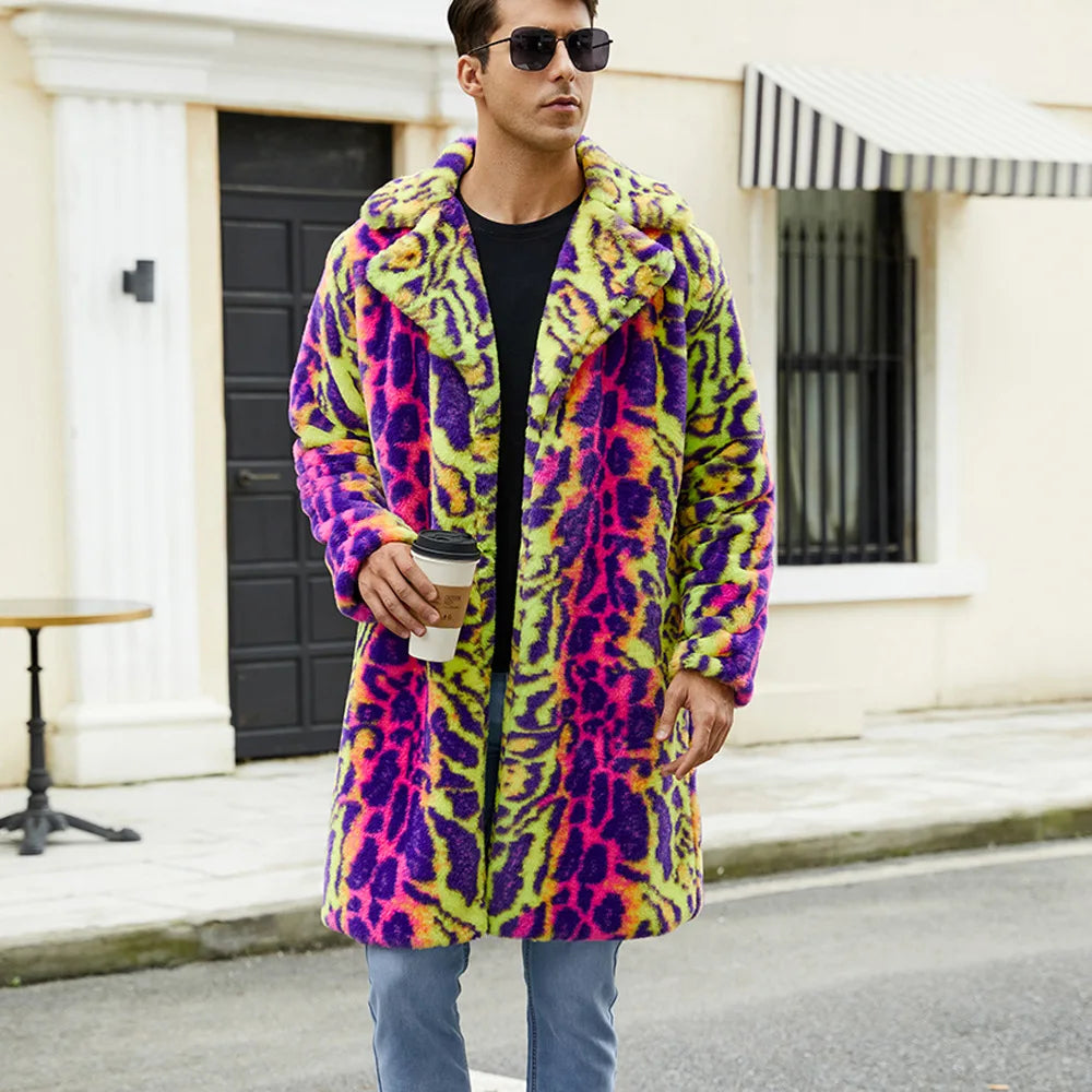 Men's Neon Leopard Print Faux Fur Coat - Festigal