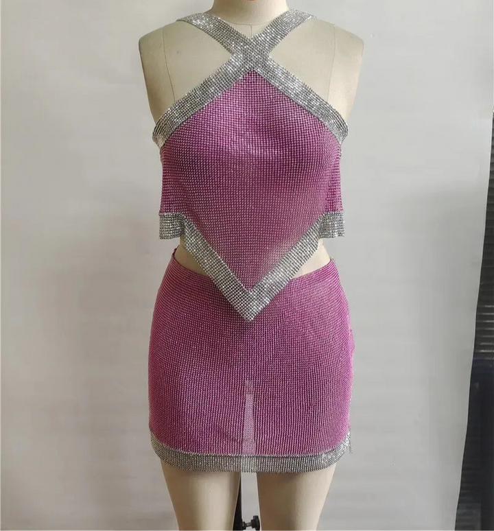 Metallic Sequin Asymmetrical Top & Skirt Set - Festigal