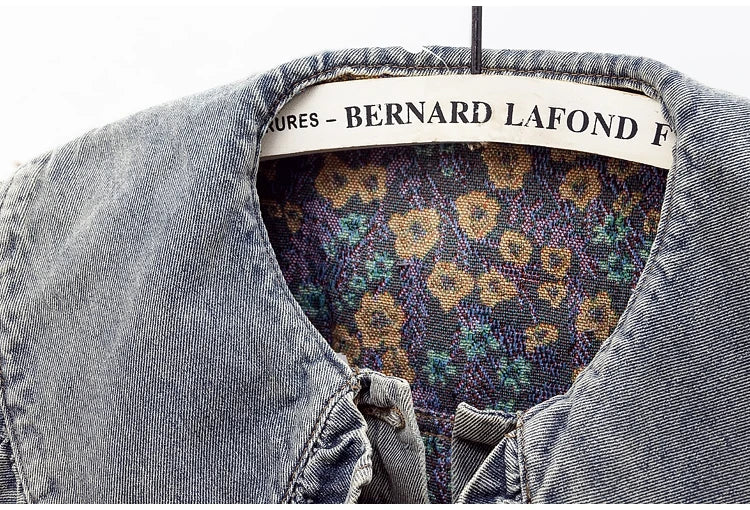 Oversized Collar Floral Denim Jacket - Festigal