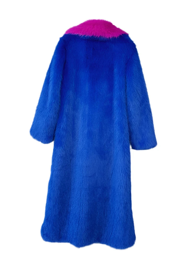 Blue and Pink Contrast Long Faux Fur Coat - Festigal