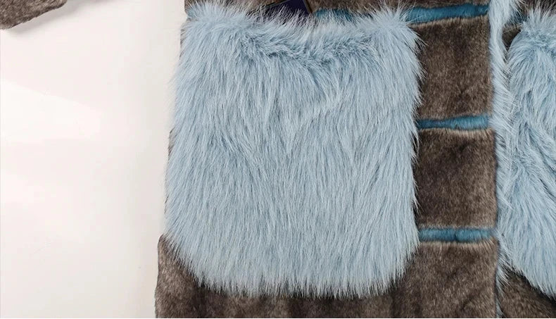 Grey and Blue Striped Faux Fur Coat