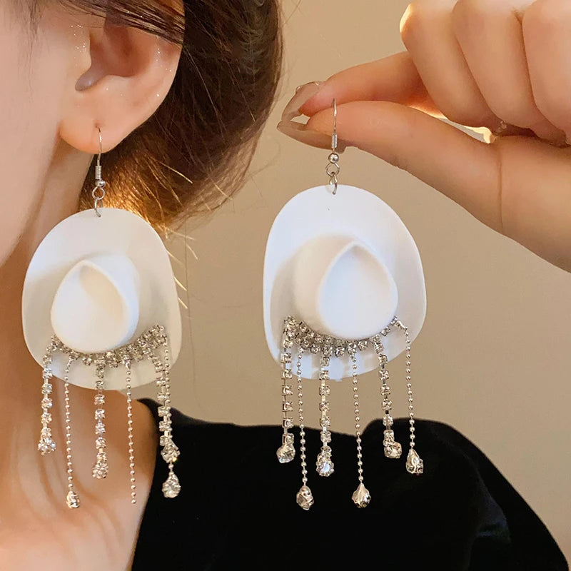 Rhinestone Cowgirl Hat Tassel Earrings