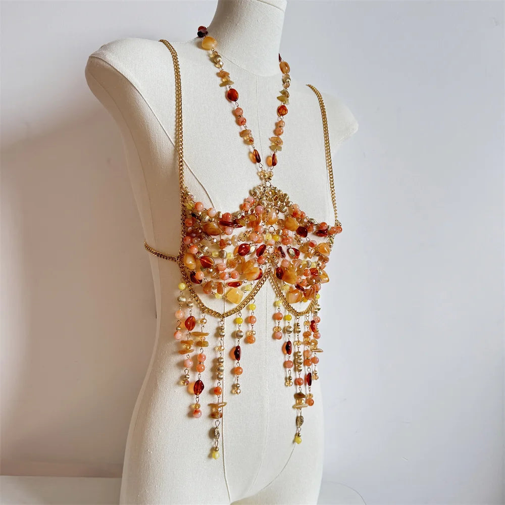 Beaded Tassel Chain Halter Neck Top