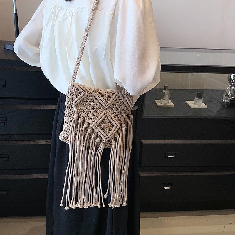 Fringed Woven Crochet Crossbody Bag - Festigal