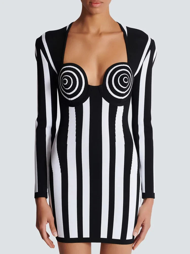 Black and White Striped Bandage Dress - Festigal