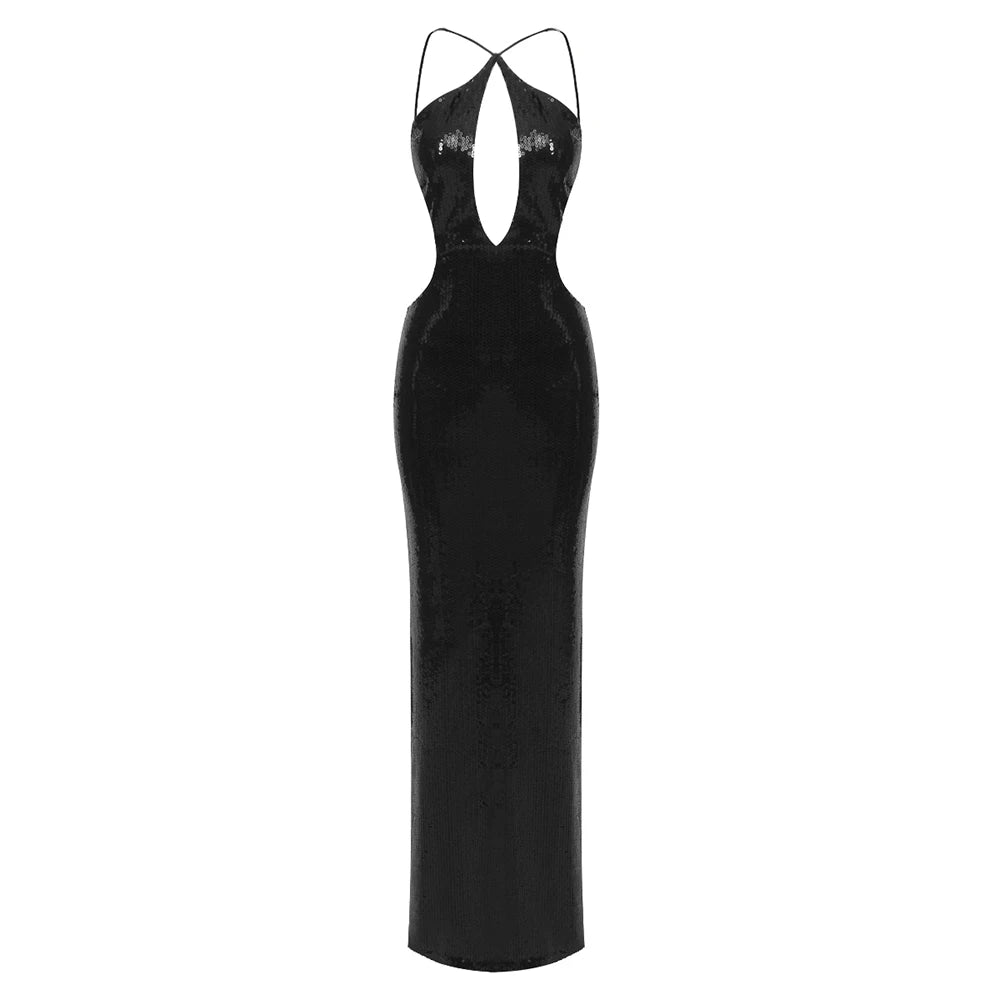 Black Sequin Halterneck Maxi Dress