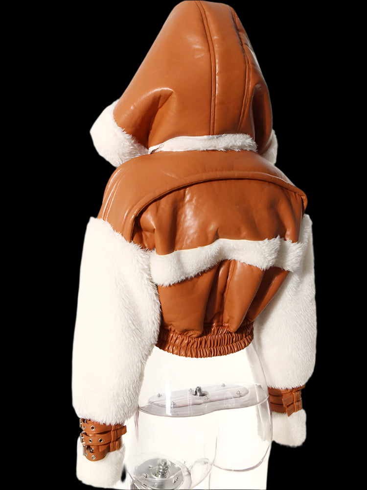 Faux Leather Patchwork Bomber Jacket - Festigal