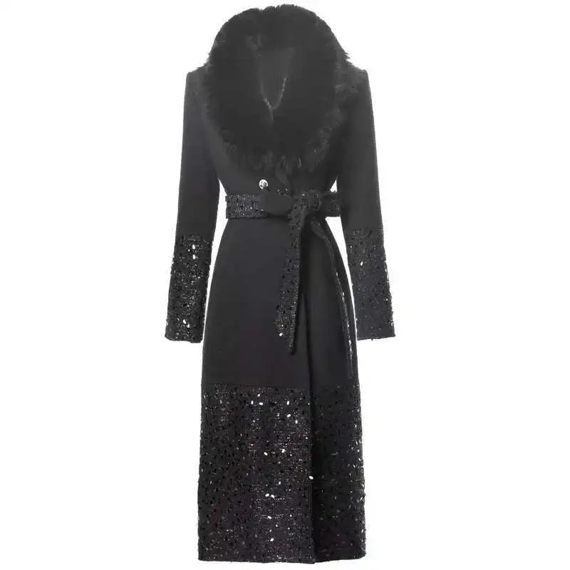 Long Sequin Fur Black Coat - Festigal