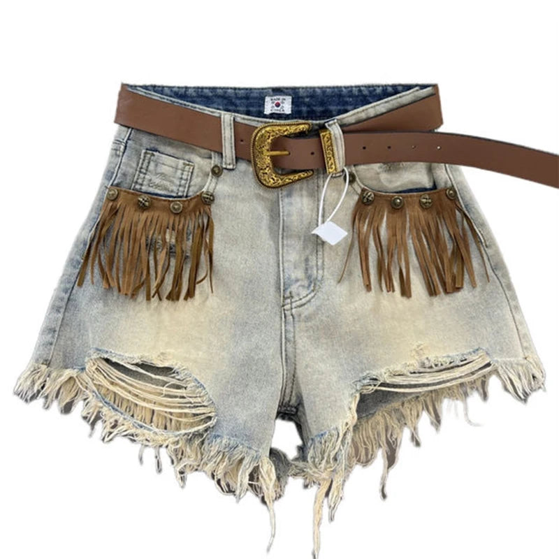 Denim Distressed Tassel Shorts - Festigal