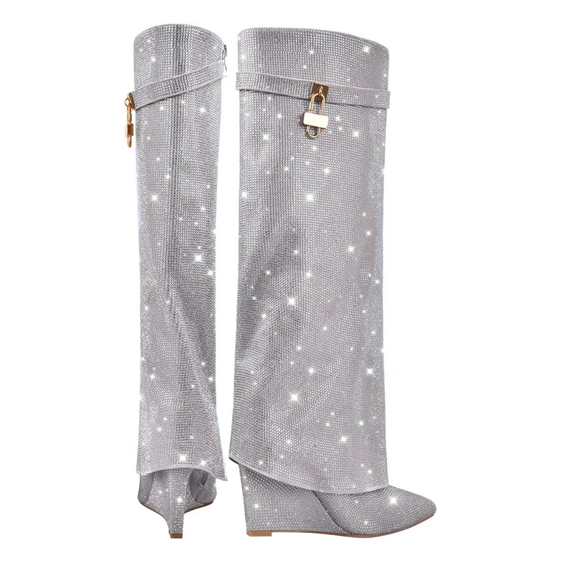 Rhinestone Knee High Wedge Boots