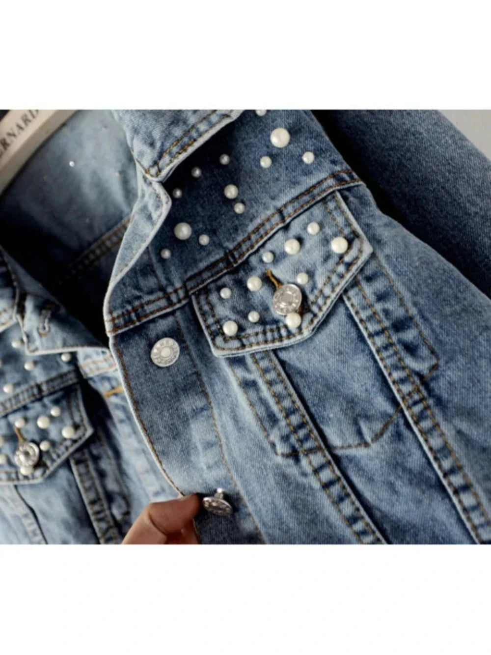 Pearl Embellished Denim Jacket - Festigal