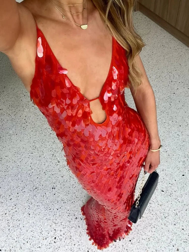 Red Sequin Maxi Dress - Festigal