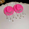 Rhinestone Cowgirl Hat Tassel Earrings