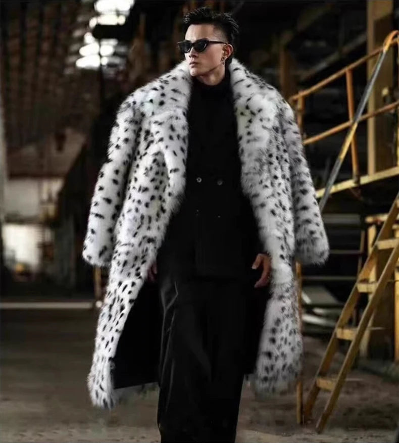 Mens Snow Leopard Faux Fur Coat