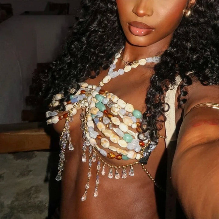 Beaded Tassel Halterneck Top - Festigal