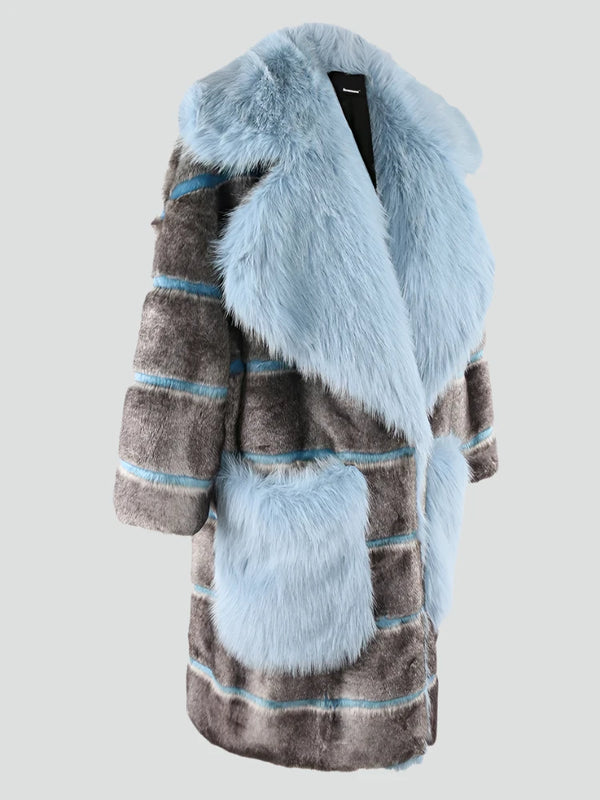 Grey and Blue Striped Faux Fur Coat