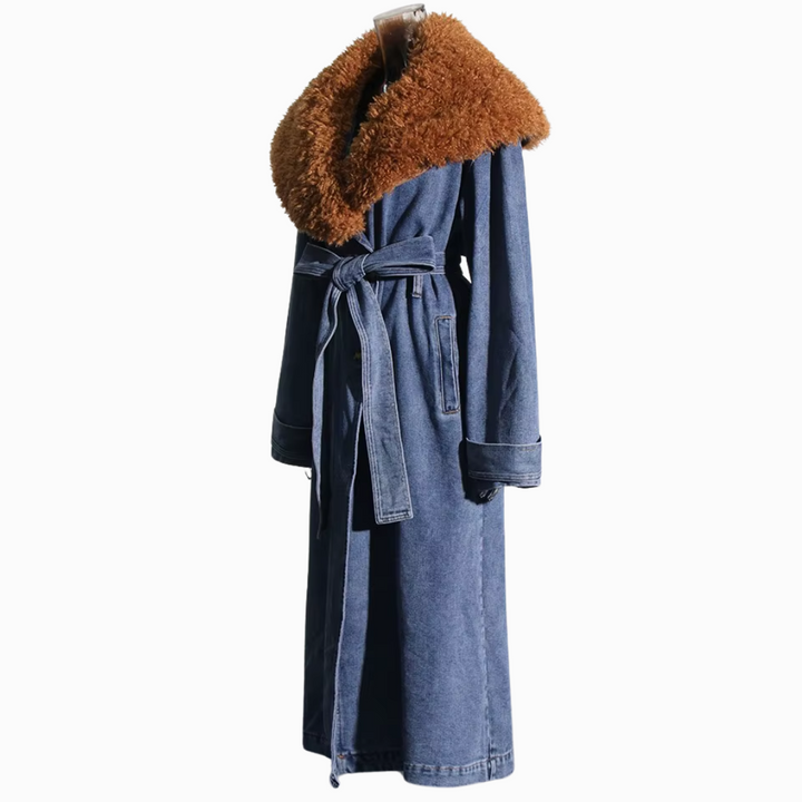 Denim & Fur Collar Trench Coat - Festigal